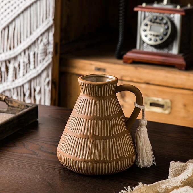 Mowtanco Rustic Farmhouse Vase with Handle and Tassel, Vertical Stripes Terracotta Pottery - Vintage Ceramic Clay for Home Décor, Shelf, Table, Bookshelf, Mantle, Entryway
