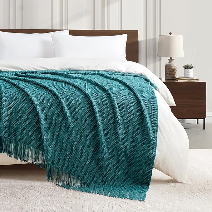 BOURINA Teal Throw Blanket 50x60 Inch Soft Ripple Throw Knitted Blanket | Soft Ripple Throw Textured Solid Soft Throws and Blankets for Sofa or Bed Knitted Decorative Blanket