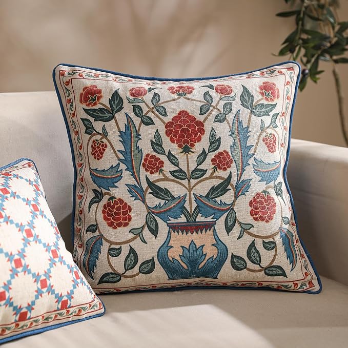 patdrea French Vintage Linen Throw Pillow Cover,18"x18",Set of 2-Puno B | Elegant Decorative Pillow Case with Zipper,Elegant Floral Pattern,Pillow Cover for Couch Living Room Bedroom Sofa