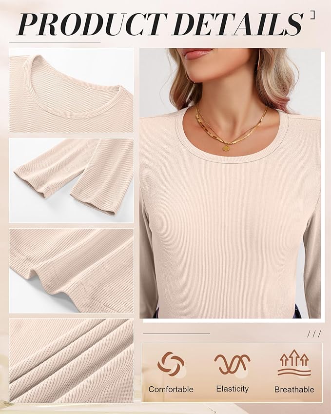 Ficerd 3 Pack Women's Ribbed Long Sleeve Tops, Crew Neck Slim Fit Undershirts Knit Basic Casual Stretch Layering Tee Shirts