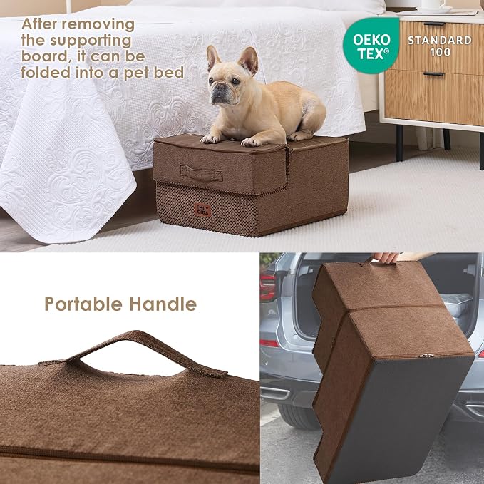 EHEYCIGA Dog Stairs for Small Dogs 13.5" H, 3-Step Dog Steps for Cats, Brown