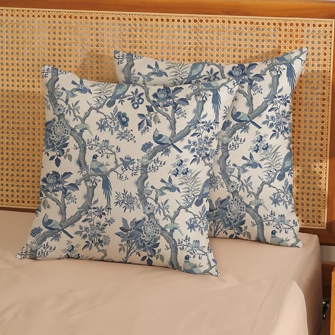 Chinoiserie Pillow Covers 16x16 Set of 2 Blue and White Bird Floral Throw Pillows Vintage Blue Flowers Decorations Outdoor Pillowcase Chinoiserie Decor Farmhouse Cushion Case for Couch Home