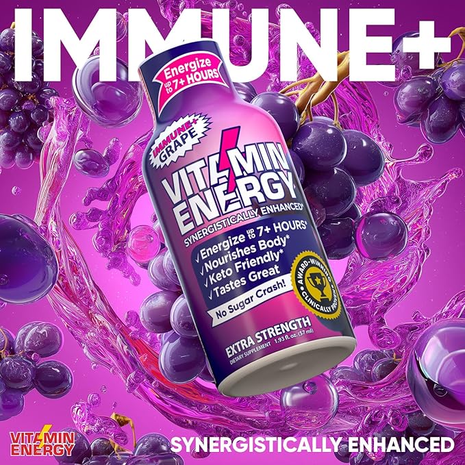 Vitamin Energy Immune+ Extra Strength Energy Shot Grape 8 Pack, 260mg Natural Caffeine, B-Vitamins, Citicoline, Green Tea, Immunity & Focus Support, Zero Sugar, Gluten-Free 1.93 fl oz