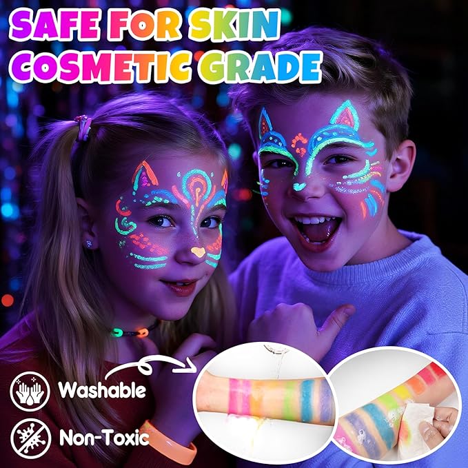 nsxsu Glow in the Dark Face Paint Sticks for Kids 8 Colors, Neon Body Paint Crayons Fluorescent under Black Light, Washable UV Paint Pens for Skin for Birthday Glow Party Accessories Stocking Stuffers