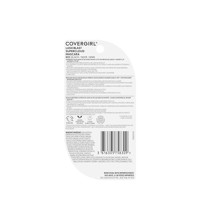 CoverGirl Lash Blast Supercloud, 805 Black, Mascara, Long-Lasting, No Clump or Smudge, Doesn't Flake, Vegan, 0.33oz