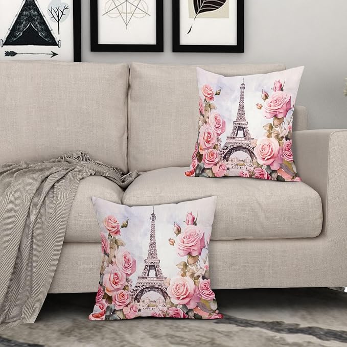 Valentine's Day Pillow Covers 22X22 Inch Set of 2 Paris Street Romantic Love Pink Flower Decorative Pillow Cases Anniversary Wedding Cushion Case Valentine Party Home Decor for Sofa Couch