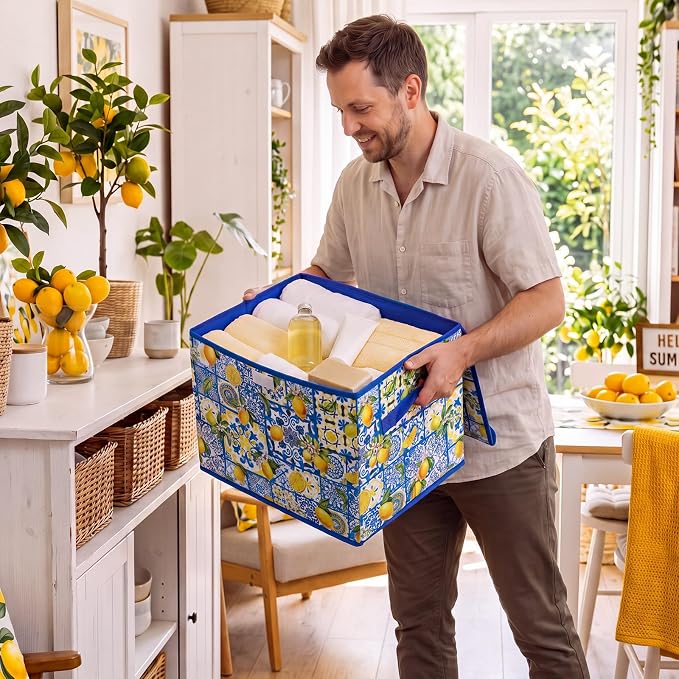 Briwooody Capri Lemon Storage Bin with Lid and Carrying Handle Italy Lemon Foldable Storage Box Large Blue Summer Fruit Decorative Collapsible Container Basket for Organizing Closet Home Bedroom Gift