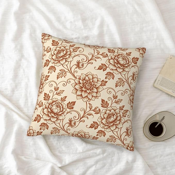Terracotta Brown Floral Toile Pillow Covers 18x18 Set of 2, Vintage Dahlia & Peony Throw Pillow Covers Outdoor Decorative Pillow Case for Couch Bed Sofa Cushion Home Decor