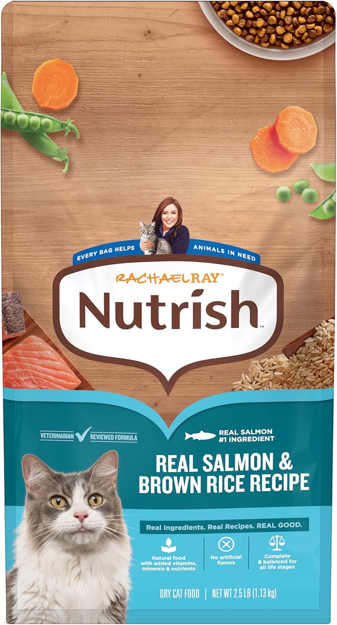 Nutrish Dry Cat Food, Salmon & Brown Rice Recipe, 2.5 lb. Bag (Rachael Ray) | Suitable for Cats of All Life Stages, No Artificial Flavors, Nature Food with Added Vitamins, Minerals & Nutrients