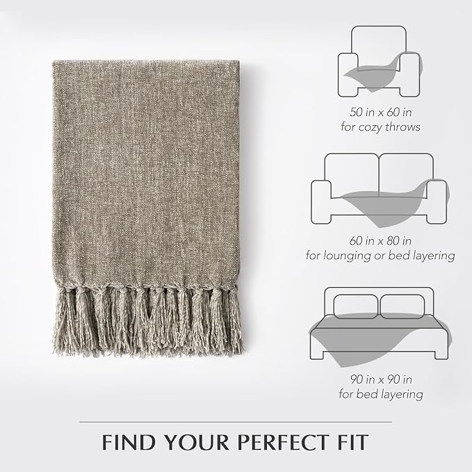Chenille Knit Throw Blanket for Couch, 50"x60", Taupe | Cozy Plush Fuzzy Knittd Throw with Tassels, Lightweight, Decorative, Farmhouse Decor, Ideal for Bed Sofa Gift, All Seasons