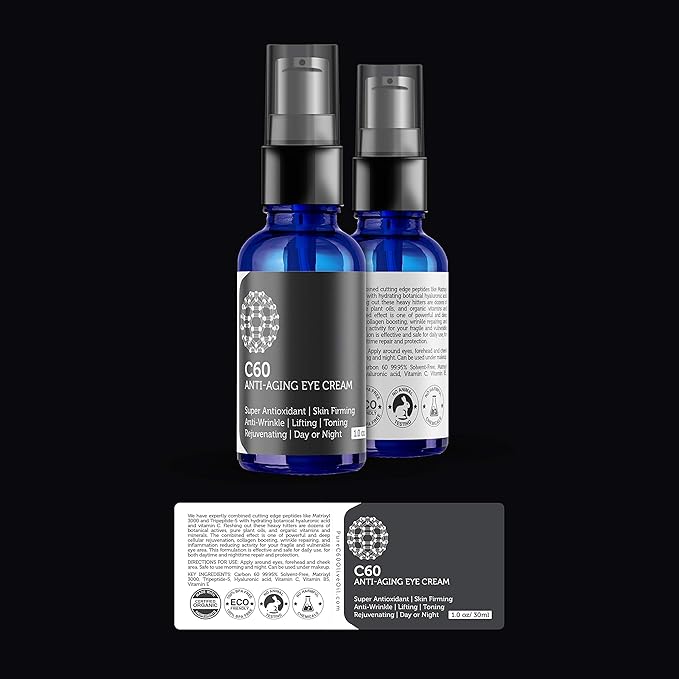 C60 Anti-Aging Eye Cream 30ml with Matrixyl 3000, Tripeptide-5, Hydrating Botanical Hyaluronic Acid and Vitamin C for Men & Women Made with Organic Ingredients