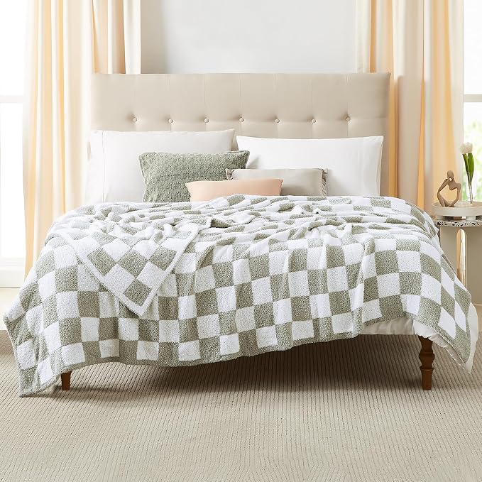 Soft King Size Checkered Blanket for Bed-Cozy Knitted Blankets | Lightweight Fluffy Warm Decor for Women, Mom, Her & Girls, Sofa, Chair, Couch, 90x108in, Sage Green