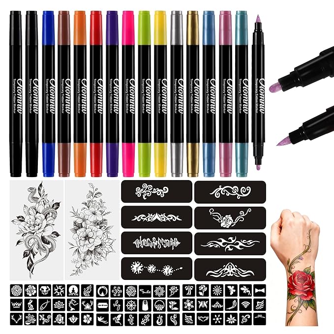 Oiomniv Temporary Tattoo Markers, 15PCS Body Markers Dual-End for Kids Adults, 62 Tattoo Stencils Temporary Tattoos Stickers, Glitter Matte Neon Tattoo Pens, Flexible Brush Tip, Skin Safe