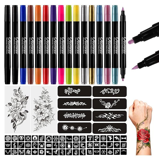 Oiomniv Temporary Tattoo Markers, 15PCS Body Markers Dual-End for Kids Adults, 62 Tattoo Stencils Temporary Tattoos Stickers, Glitter Matte Neon Tattoo Pens, Flexible Brush Tip, Skin Safe