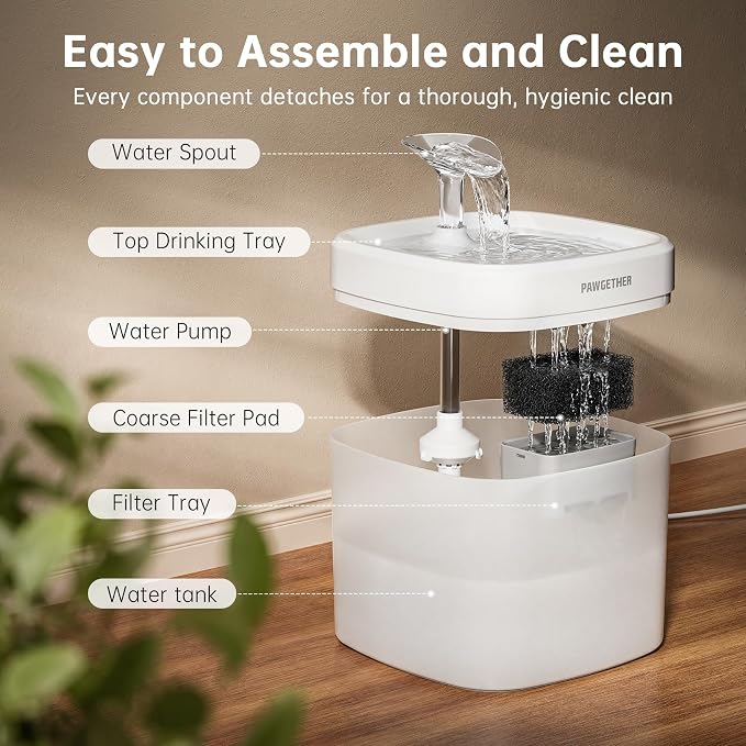 PAWGETHER® Cat Water Fountain with Wireless Pump 51oz/1.5L Dog Water Fountain, Ultra Quiet Automatic Pet Water Fountain Portable Indoor Ourdoor Travel Small Dog Water Dispenser with Adapter White