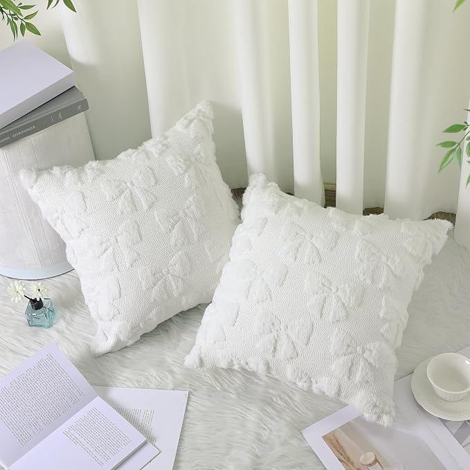 Mixweer Cream White Bow Pillow Covers Set of 2 Preppy Room Decor Coquette Cute Spring Summer Decorative Faux Fur Soft Bowknot Stuff Fluffy Plush Aesthetic Pillowcase for Bed Sofa Couch (18 x 18 Inch)