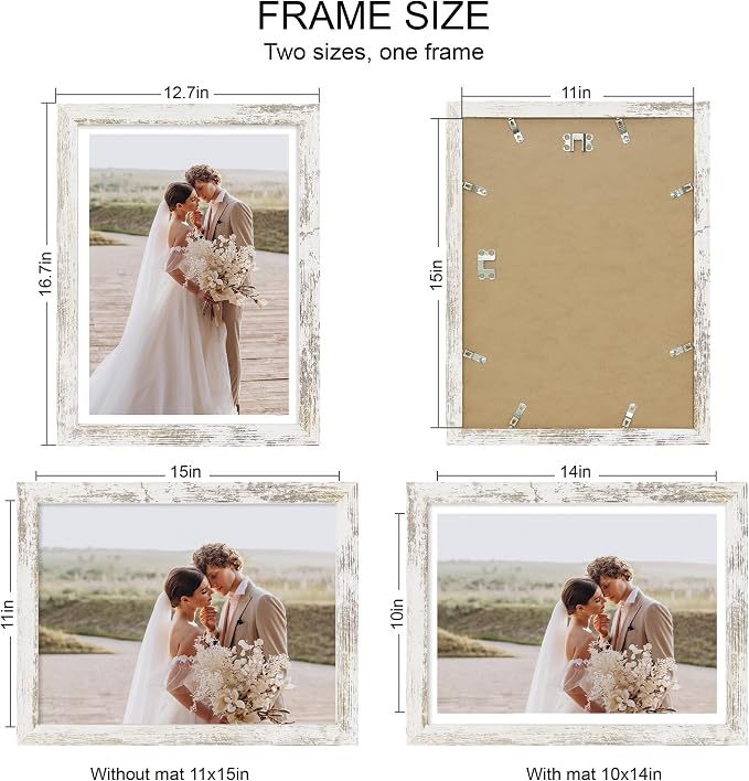 Hongkee 11x15 Picture Frame Set of 4, Made of Real Glass and Distressed White Frame - Display Picture 10x14 with Mat or 11x15 Without Mat, 11 by 15 Photo for Wall Mounting