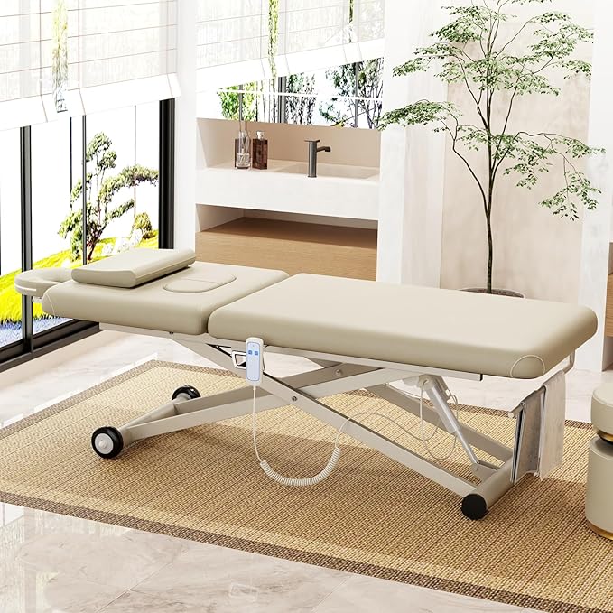 pouseayar Heavy Duty Electric Massage Table, Electric Lift Motor and Manual Backrest Adjustable for Treatment/Medical Spa/Facial Bed/Beauty Bed and More - 31.5 Wide x 75 Long - Beige Gray