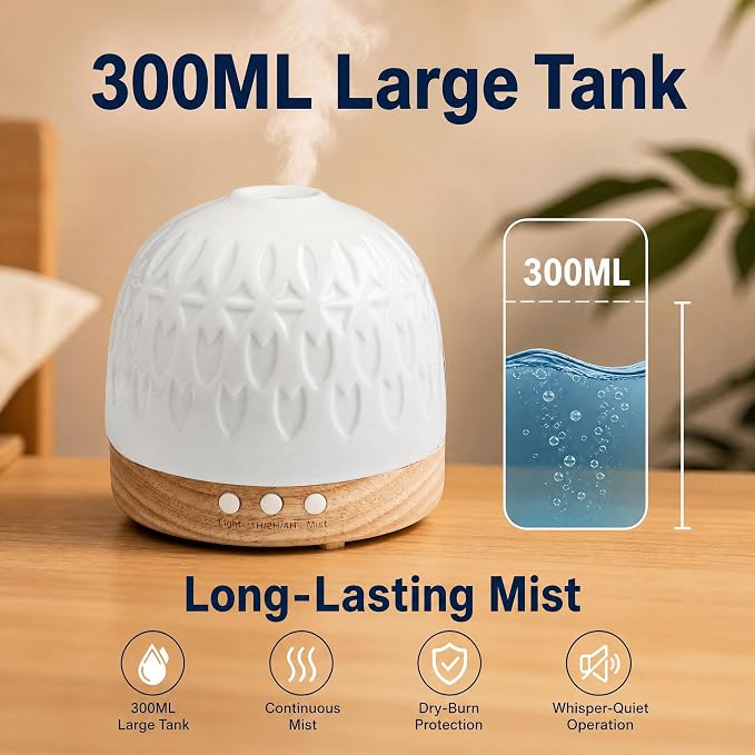 Ceramic Diffuser - 300ML Essential Oil Diffuser,White Porcelain Design, Quiet Cool Mist, 4 Timer Modes, Auto Shut-Off, Night Light for Bedroom and Home