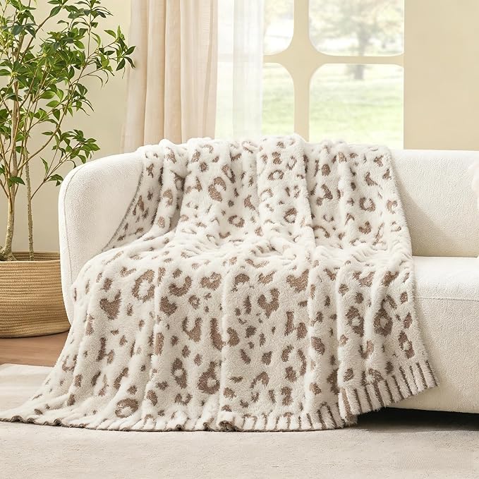 Snuggle Sac Leopard Luxury Faux Fur Throw Blanket for Couch,Ultra Soft Cozy Plush Fluffy Blanket for Sofa Bedroom Living Room,Beige Leopard,50x60 inches