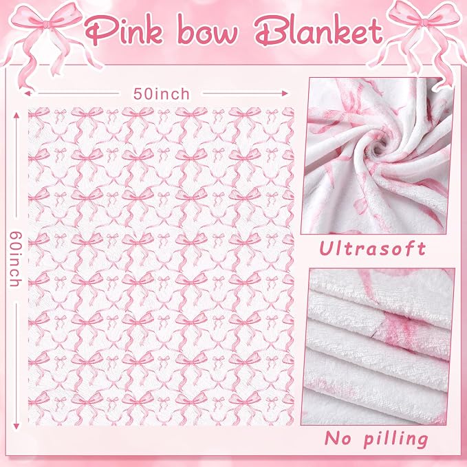 Pink Bow Throw Blanket 50"x60" Soft Flannel for Girls Women | Coquette Aesthetic Decor with Ruffled Edges, Ultra Plush Bed Sofa Blanket, Preppy Gift for Teens, Back to School Dorm Room