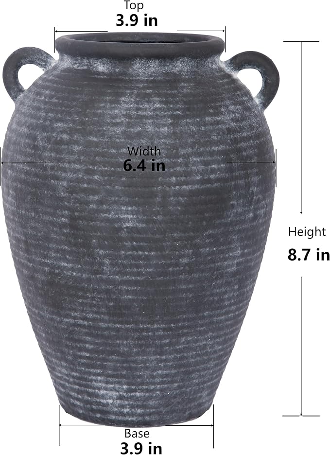 8.7" Black Ceramic Vase with Handles for Home Decor | Black pottery vase with handles; small black vase, watertight for fresh flowers, pampas grass, shelves, mantels and tables