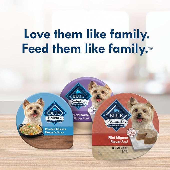 Blue Buffalo Delights Filet Mignon Small Breed Wet Dog Food, 3.5 oz, 12 ct | Adult Formula, Grain-Free, Pate Style, Real Beef First, in Savory Juice, No Corn, Wheat, or Soy