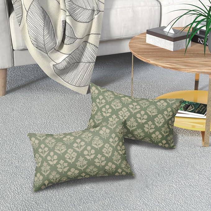 Sage Green Pillow Covers 12x20 Inch Set of 2, Cream Floral Block Print Pattern Lumbar Decorative Throw Pillowcases Outdoor Farmhouse Rectangle Cushion Covers Spring Summer Sofa Couch Bed Decor