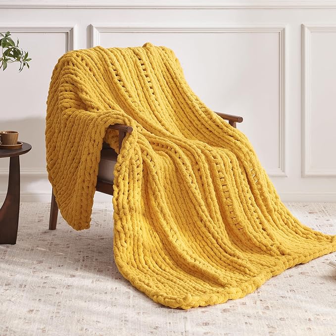 Negwoo Chunky Knit Throw Blanket, Knitted Throw Chenille Yarn, 50"*60" | Soft Thick Cable Knitted Blankets, Handmade Big Thick Blanket, Machine Washable Cute Comfy Blanket for Home Decor, Yellow
