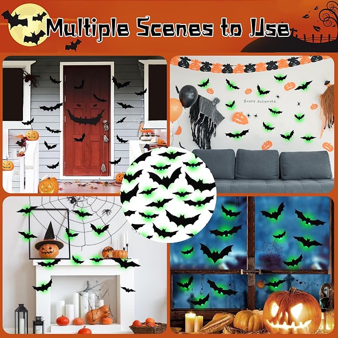DR.DUDU 36 Pack Bats Halloween Decorations Indoor Bat Wall Decor | Light Up Green LED, Assorted Size, 3D Bat Stickers, for Bedroom Party Walls Bathroom Mirrors Garages Door, Indoor/Outdoor Use