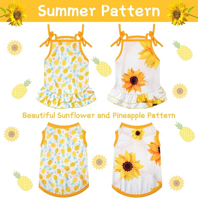Frienda 4 Pieces Dog Clothes Set Include 2 Pcs Cute Pet Dress Lovely Dog Dress and 2 Pcs Breathable Pet T Shirt Puppy Clothes(Pineapple, Sunflower,Small)