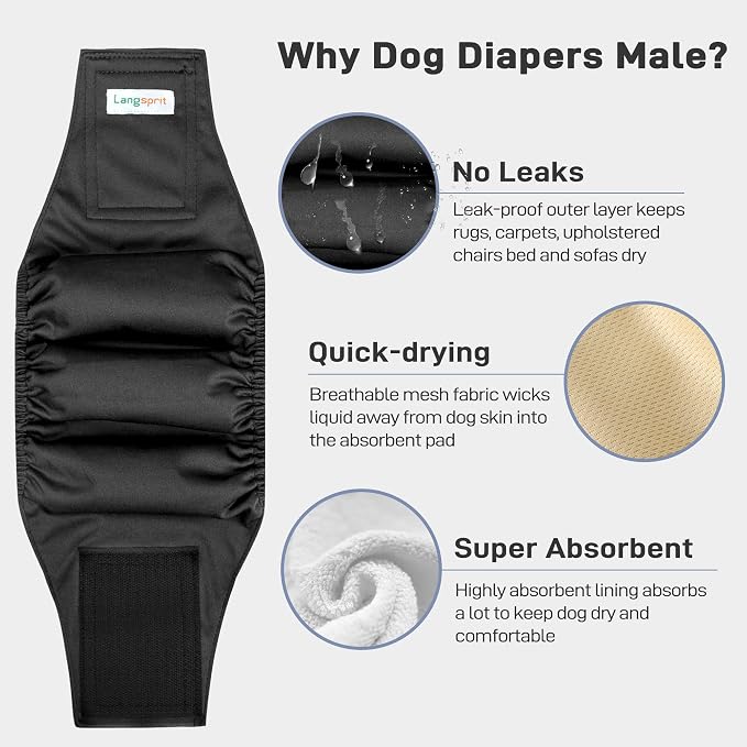 Langsprit Small Male Dog Diapers for Doggie Puppy,Reusable Belly Bands for Male Dogs Wraps,Washable Doggy Dog Diapers Medium Large in Incontinence 5 Pack (Black, X-Small)