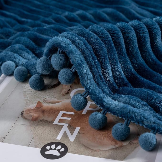 DISSA Fleece Blanket Queen Size – 90x90, Blue - Soft, Plush, Fluffy, Fuzzy, Warm, Cozy – Perfect Throw for Couch, Bed, Sofa - with Pompom Fringe - Flannel Blanket