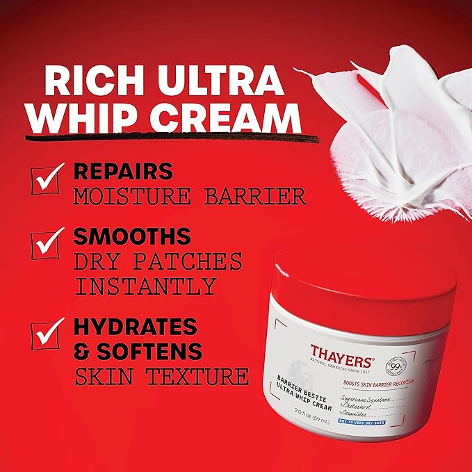 THAYERS Barrier Bestie Ultra Whip Face Cream, Moisturizer with Sugarcane Squalane and Ceramides, Skin Care for Dry to Very Dry Skin, 2.0 Oz