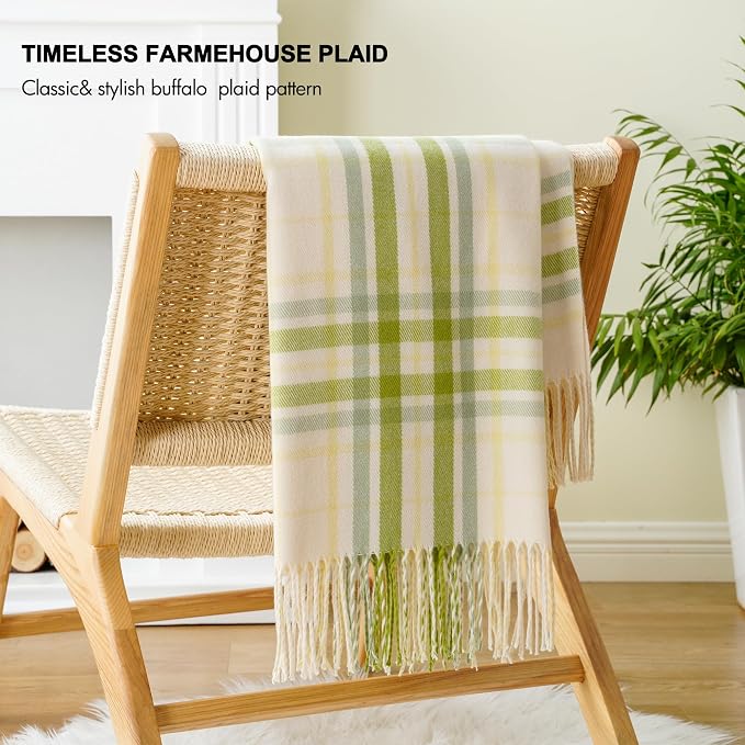 Spring Summer Plaid Throw Blanket for Couch Bed,White Green Stripe Blanket | 50"x60", Farmhouse Throw Blanket, Buffalo Checkered Design, Lightweight Soft Plaid Blankets and Throws for Home Decor