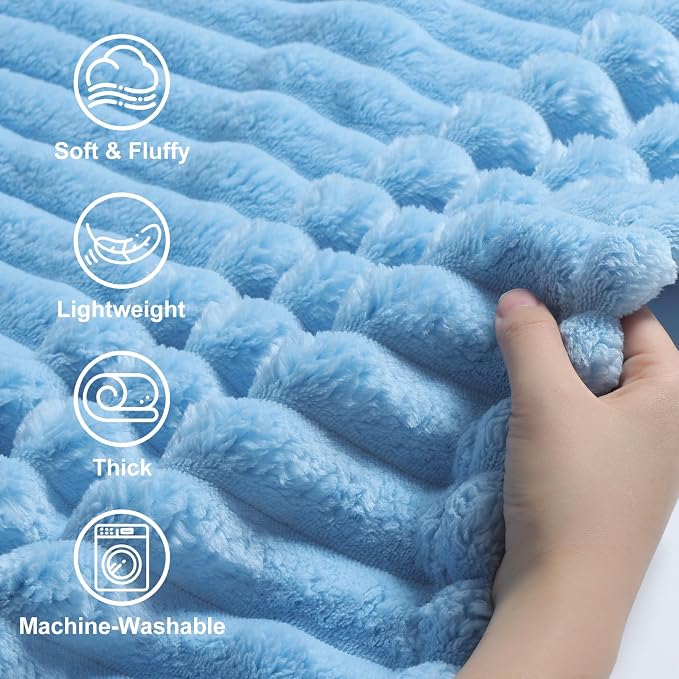 decorUhome Blue Fleece Twin Blanket 60x80 Inches | Soft Couch Cozy Fluffy Plush Flannel Striped Blanket for Sofa Bed, Lightweight Decorative Ribbed Fuzzy Blanket for Woman