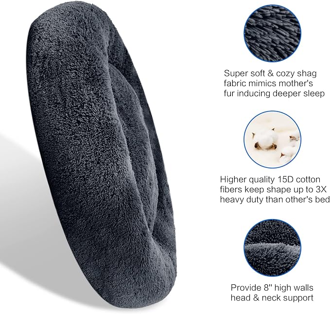 SAVFOX 45 inches Calming Donut Dog Bed - 3X Durable Plush Faux Fur, Machine Washable & Non-Slip, Fits up to 150 lbs, Dark Grey