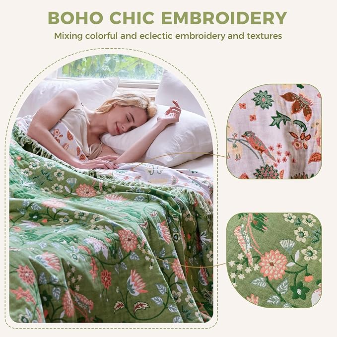 LUTBM Boho Throw Blanket for Bed 60"x80", 100% Cotton Green Couch Blankets | Soft Reversible Floral Animals, All-Season Twin Quilt, For Chair Sofa Living Room Decor, Lightweight & Breathable, Women Gift