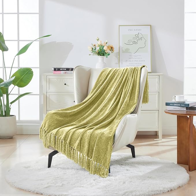 CozeCube Chenille Throw Blanket, Sage Green Fringe Blanket, 60"X80" | For Couch, Cozy Plush Fuzzy Decorative Blanket with Fringe Tassels, Lightweight Throws for Bed Sofa Gift Home Decor