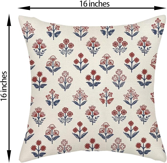 Red Blue Pillow Covers 16x16 Inch Set of 2 Patriotic 4th of July Throw Pillows Vintage Flower Boho Block Print Floral Decorative Pillow Cases Outdoor Linen Cushion Cover for Couch Sofa Decor