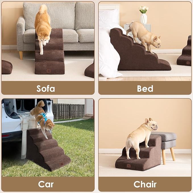 EHEYCIGA Curved Dog Stairs Ramp, 3-Step Dog Steps, 15.7" H Pet Step | 33D density of pure foam, for Small Dogs and Cats, Pet Stairs for High Bed Climbing, Non-Slip Balanced Indoor, Brown