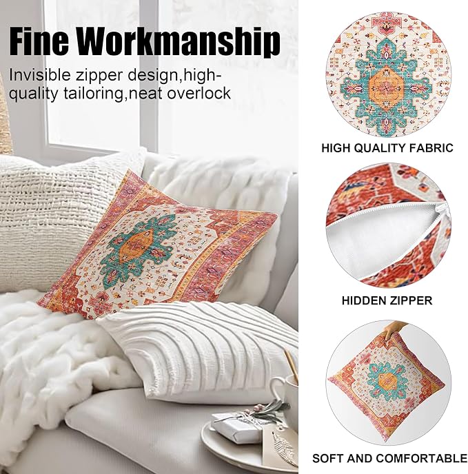 Boho Throw Pillow Covers 24x24 inch Set of 2,Soft Pillowcases Bohemia Carpet Printing Pattern Decorative Sofa Living Room Bed Square Pillow Case Cushion Cover-Reddish Orange