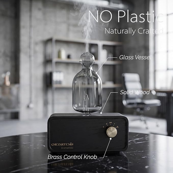 NUIT Waterless Essential Oil Diffuser with Real Wood Base for Aromatherapy, Retro Smoky Glass Oil Diffuser, Cordless Portable Scent Diffuser Machine for Office, Reading Corner, 2026 Model