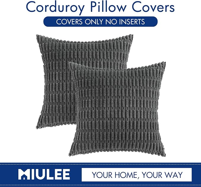 MIULEE Corduroy Decorative Throw Pillow Covers 16x16 Dark Grey Pack of 2 | Soft Boho Striped Pillow Covers Modern Farmhouse Home Decor For Sofa Living Room Couch Bed
