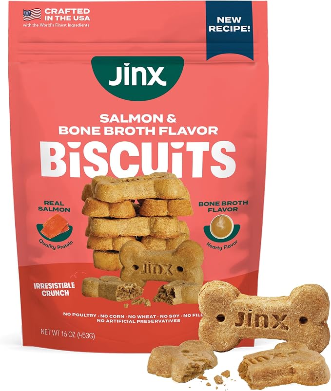 Jinx Dog Biscuits, Oven-Baked Dog Treats with Salmon Bone Broth, 16oz | 1-Pack Crunchy & Healthy Dog Treat, Superfood-Rich with Real Salmon, Dog Cookies for Puppies, Adults & Senior Dogs
