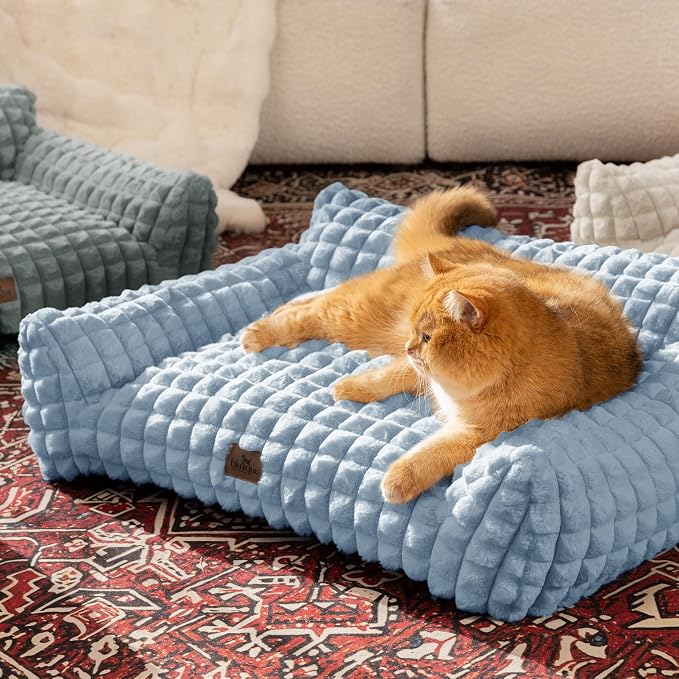Cat Couch Bed with Fluffy Faux Rabbit Fur for Indoor Cats, 36 Inch | Cute Fuzzy Cat Sofa Recliner With Washable Cover, Suppportive Cozy Pets Couch in 3D Diamond Pattern, Light Blue