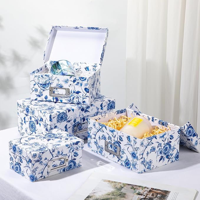 Briful Decorative Storage Boxes with Lids 4 Pack, Blue and White Chinoiserie Floral Cardboard Nesting Photo Boxes, Stackable Keepsake Photo Organizers for Home Shelf Bedroom Office
