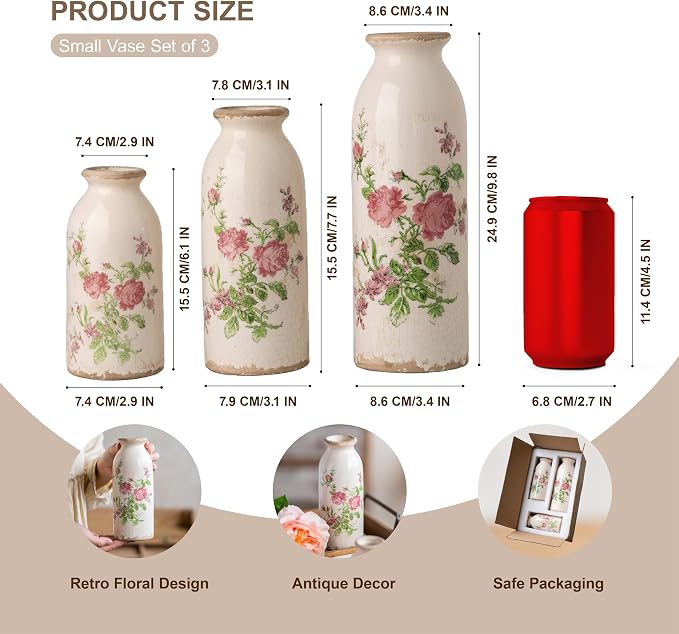 Vintage Vase Set of 3, Ceramic Vintage Flower Vases, Decorative Home Decor Retro Floral Vase Rustic Farmhouse Decor for Table Bookshelf Mantel Kitchen Living Room Office - Pink Flower