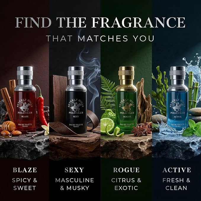 Beverly Hills Polo Club Men's Fragrance Collection - 4 Premium Eau de Toilette Colognes (1oz Each) - Diverse, Long-Lasting Scents: Blaze, Sexy, Rogue, Active - Ideal Gift Set for Him