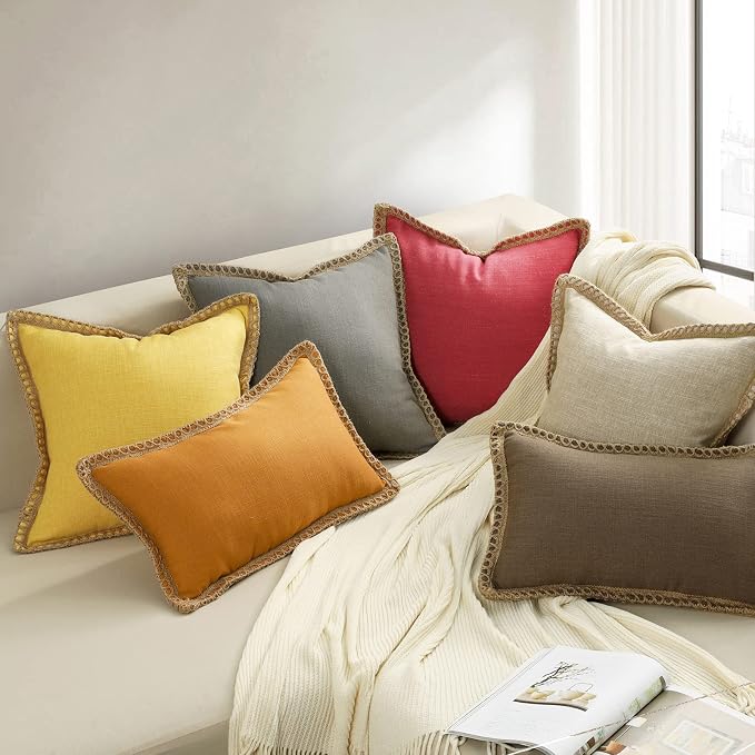 Phantoscope Farmhouse Solid Throw Decorative Pillow Cover Christmas Burlap Linen Pillow Cover Trimmed Tailored Edges Outdoor Pillow Red 18 x 18 inches, 45 x 45 cm